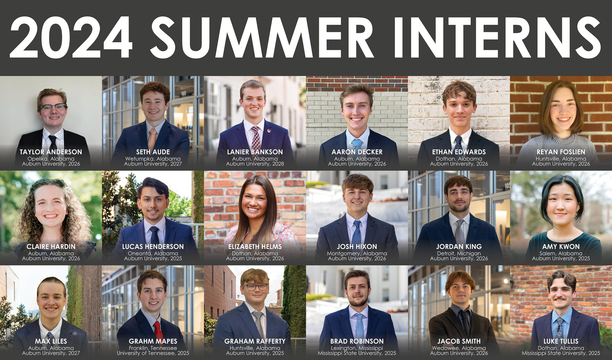 2024 Summer Interns: Taylor "Taye" Anderson Seth Aude Lanier "Lenny" Bankson Ethan Edwards Reyna Foslien Claire Hardin Lucas Henderson Elizabeth Helms Josh Hixon Jordan King Amy Kwon Max Liles Grahm Mapes Graham Rafferty Brad Robinson Jacob Smith Luke Tullis